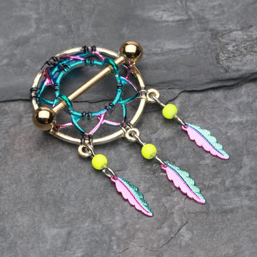 Detail View 1 of Golden Dreamcatcher Feather Nipple Shield Ring-Rainbow/Multi-Color